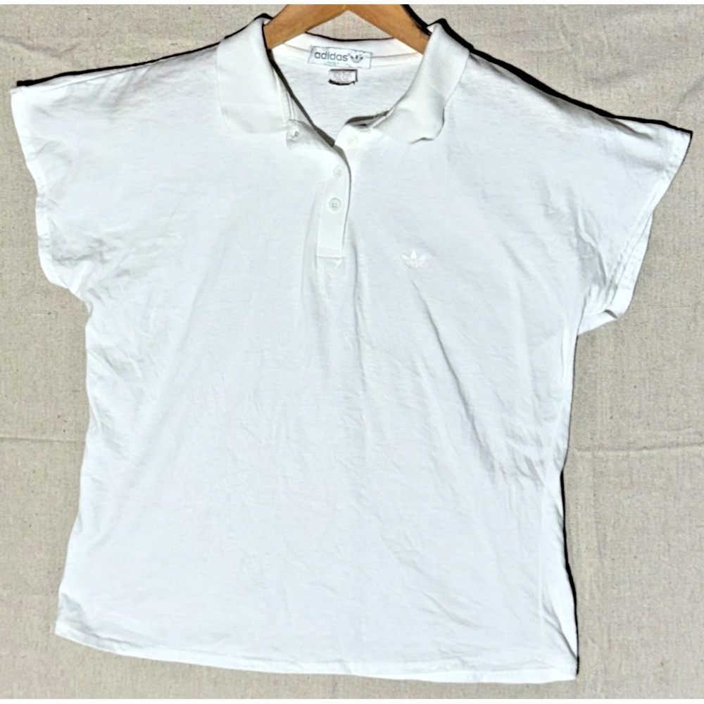 Vintage Adidas Polo Shirt Womens Medium White Trefoil Cap Sleeve 80s Made in USA
